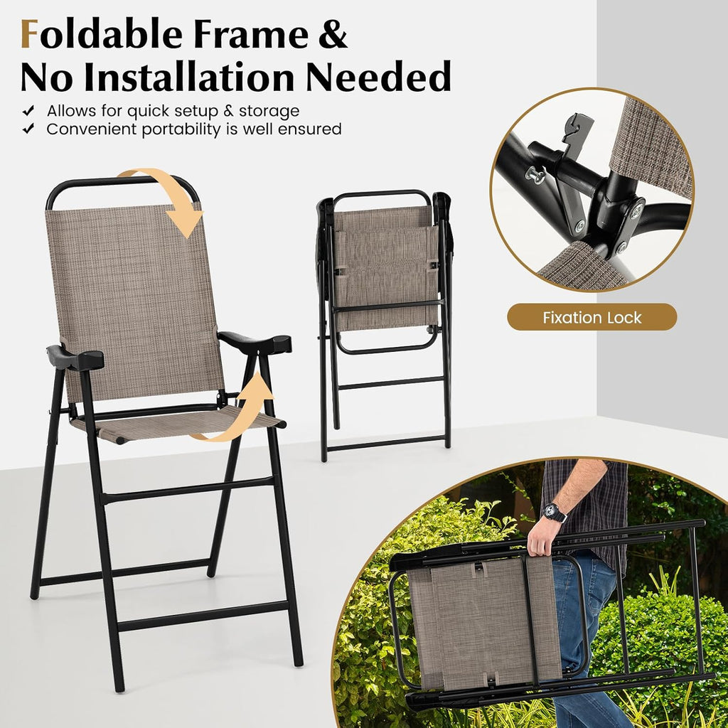 COSTWAY 2 Pieces Patio Folding Bar Chairs with Metal Frame, Footrest, Arms