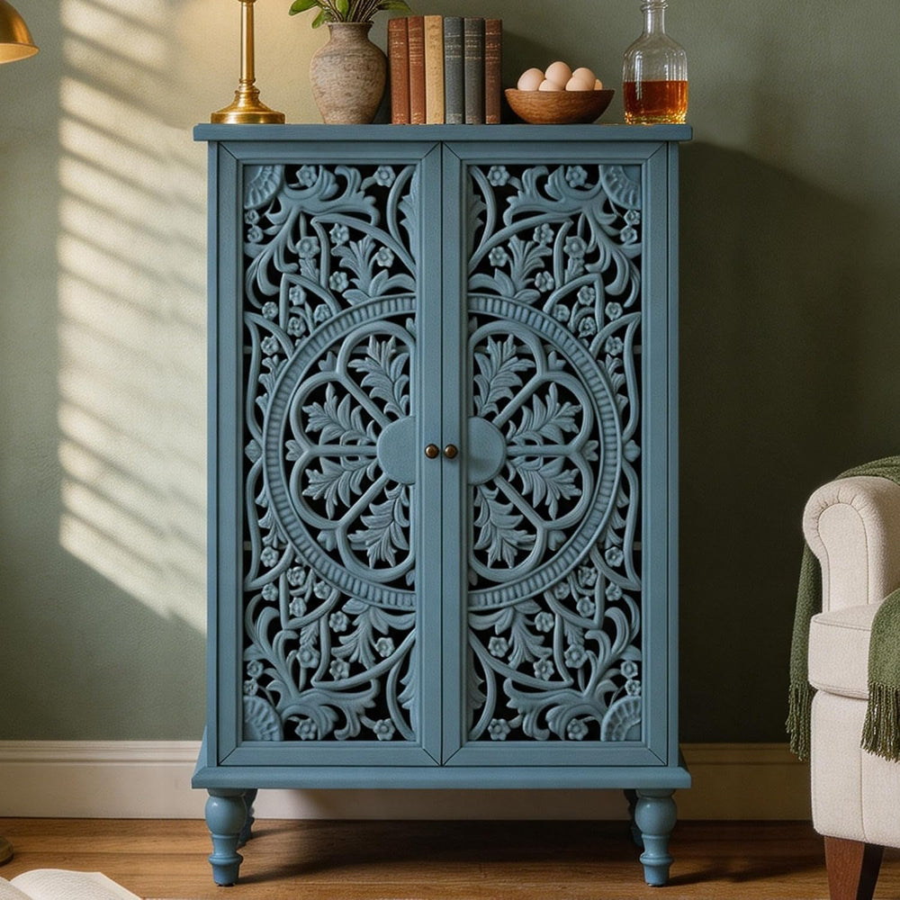 47" Tall Accent Cabinet Vintage Storage Cabinet with Doors Blue