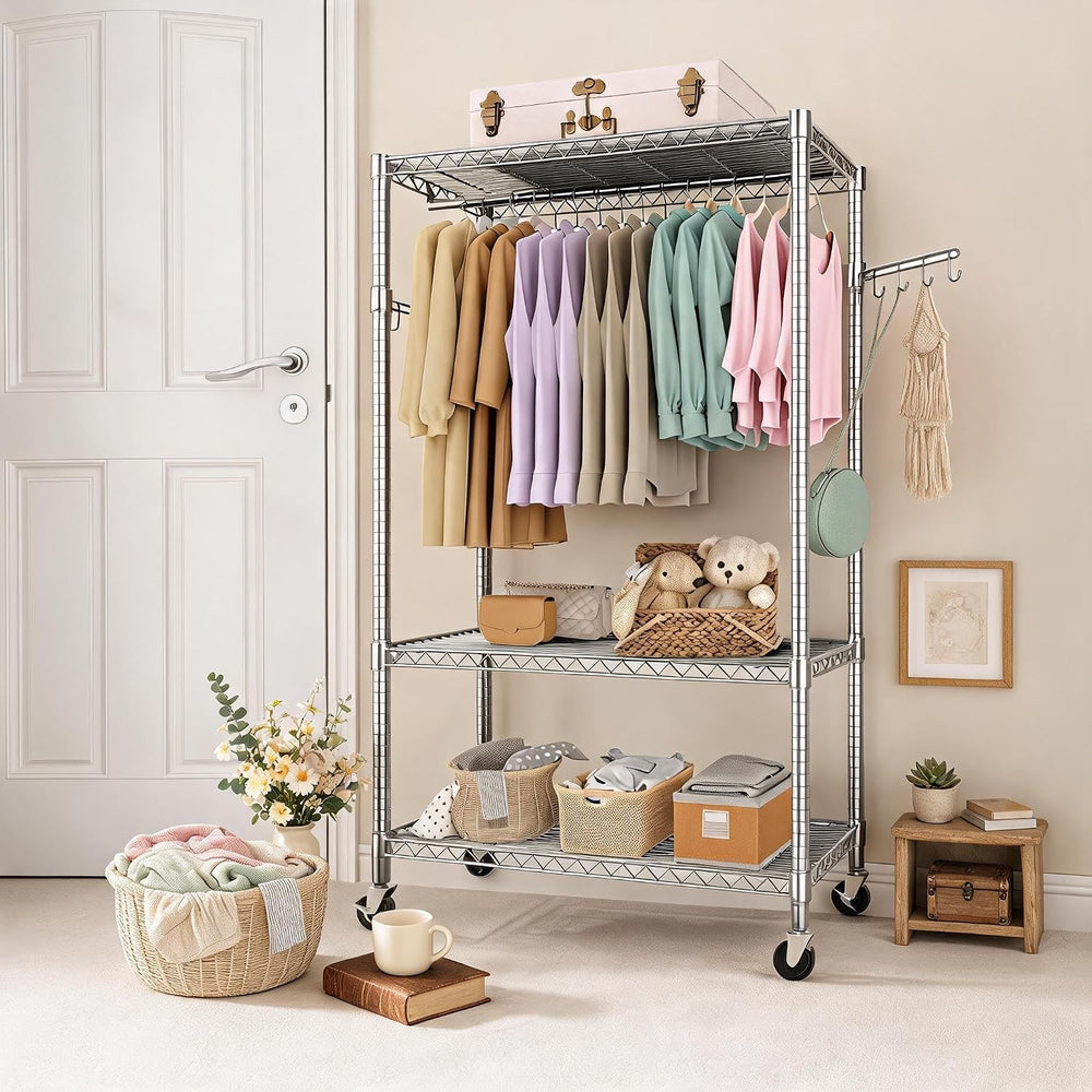 Garvee 3 Tier Clothes Rack with Wheels Portable Closets Adjustable Shelves