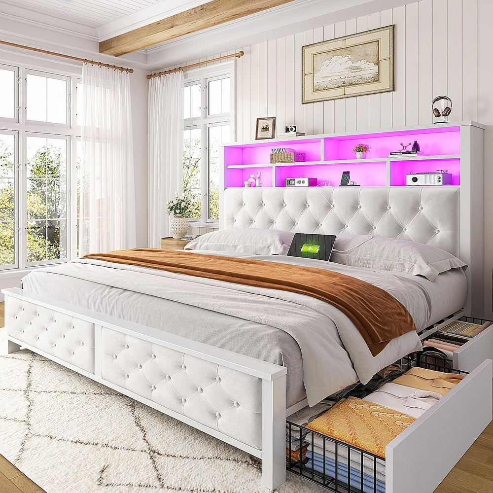 EnHomee Queen Bed Frame with Headboard & 4 Storage Drawers