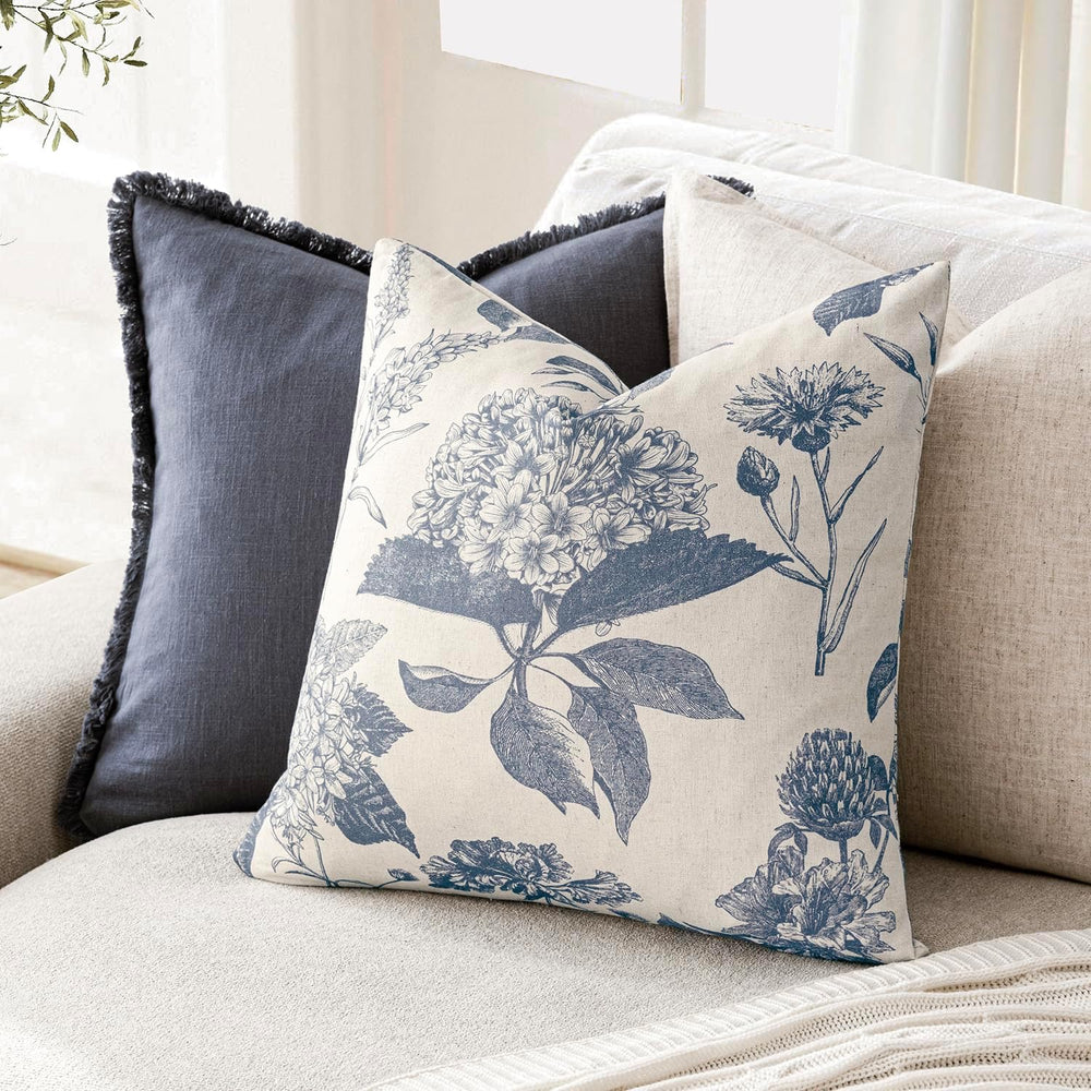 Foindtower Decorative Linen Floral Throw Pillow Covers 24×24 Inch,Blue