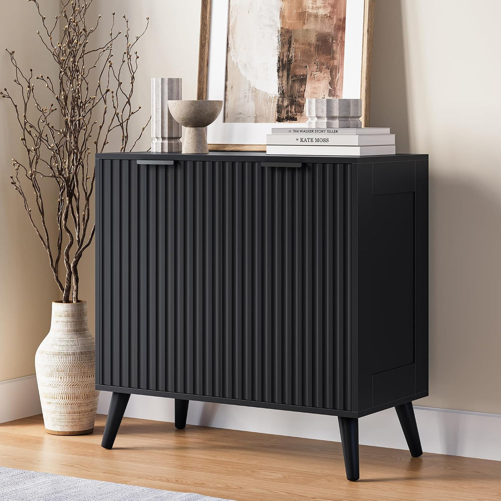 Black Sideboard Buffet Cabinet with Storage, 2 Doors Modern Fluted Buffet Cab...