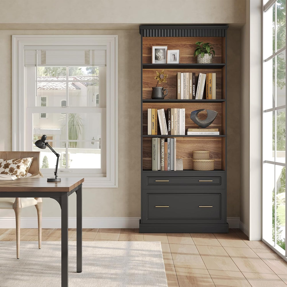 LITTLE TREE 72" Tall Black Bookcase, 5-Tier Office Bookself with File Ca...