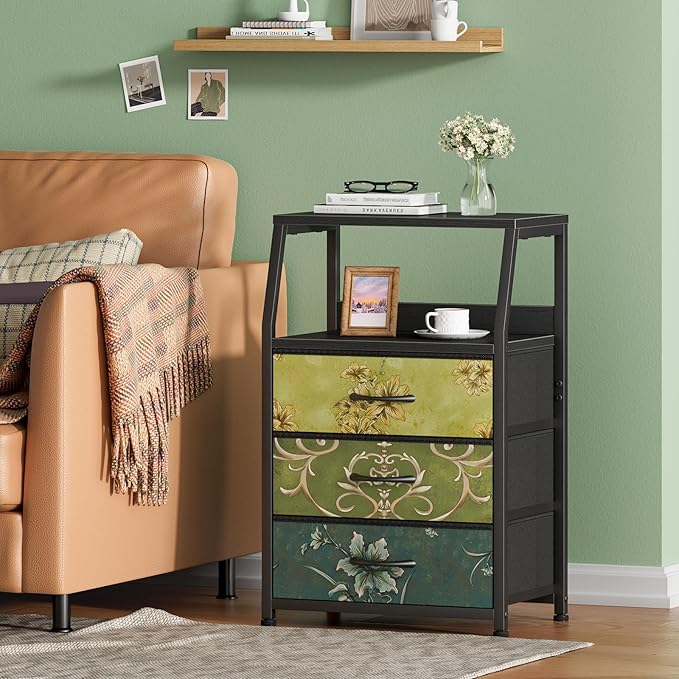 Furnulem Retro Night Stand with 3 Drawers and 2-Tier Shelf, Small Nightstand Side Table, Vintage Storage Dresser for Bedroom, Fabric Drawer Organizer for Closet, Beside Furniture