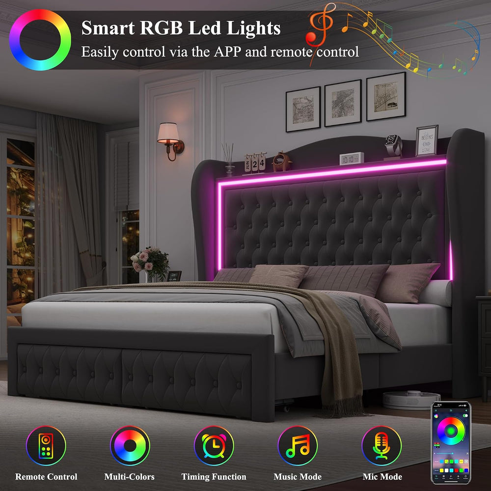 King Bed Frame 55" Tall Headboard with LED Lights, Buttons Tufted Velvet...