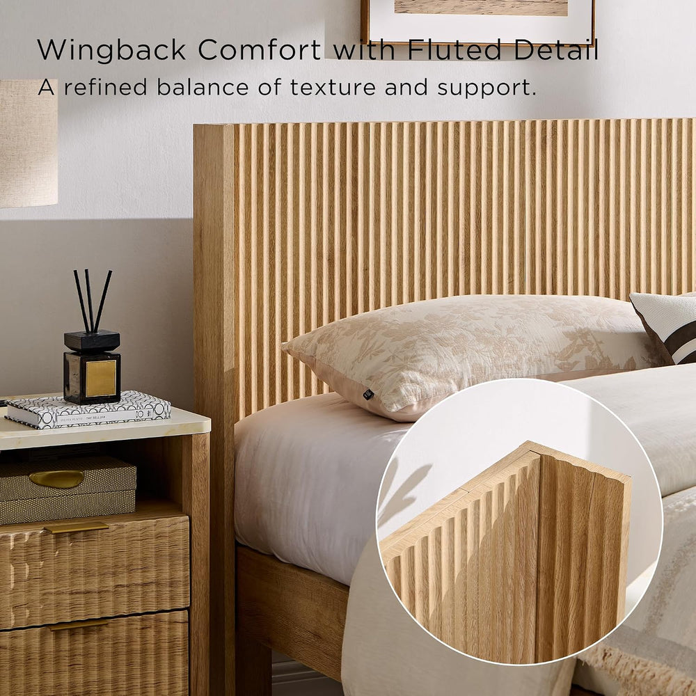T4TREAM Fluted Queen Bed with Headboard and Storage Bench, Natural Oak