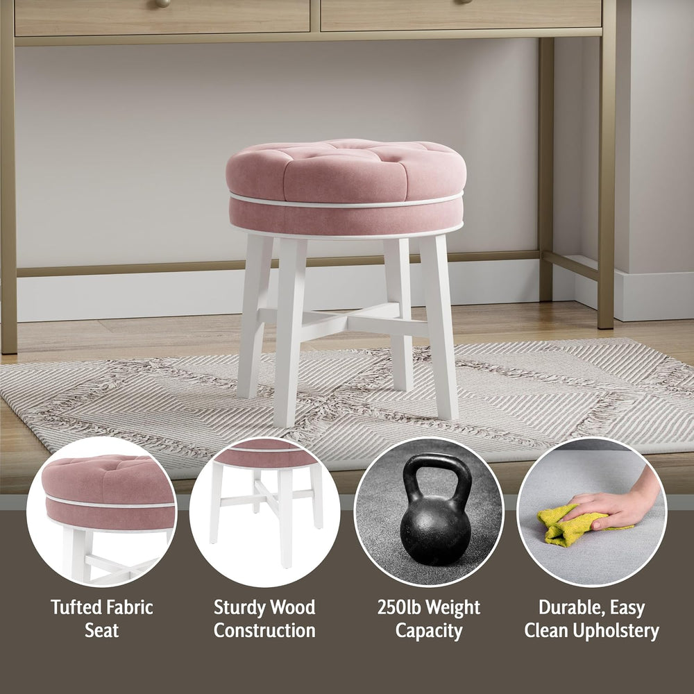 Hillsdale Sophia Round Tufted Wood Upholstered Backless Vanity Stool for Make...