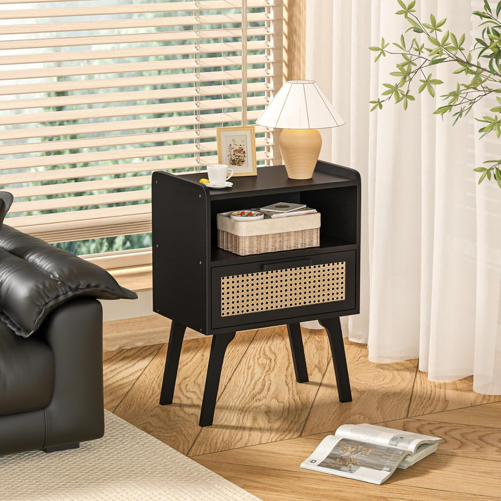 Lerliuo Rattan Nightstands Set of 2, Bedside Table with Drawer Open Shelf
