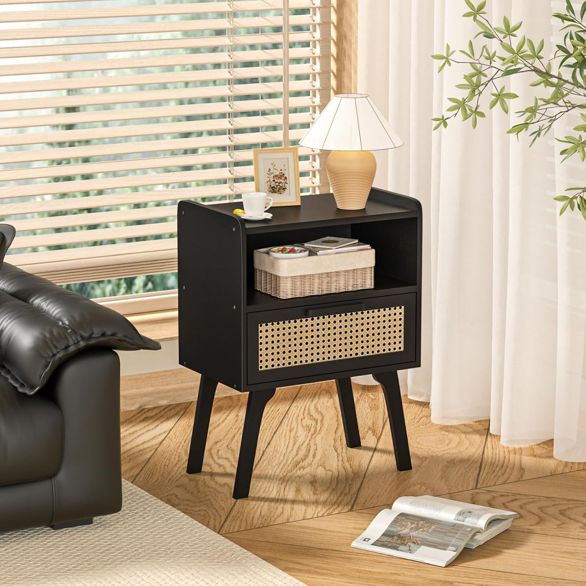 Lerliuo Rattan Nightstands Set of 2, Bedside Table with Drawer Open Shelf