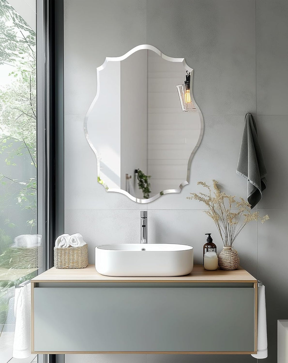 Frameless Scalloped Wall Mirror: Modern Glass Mirror 27.6x19.7 inch