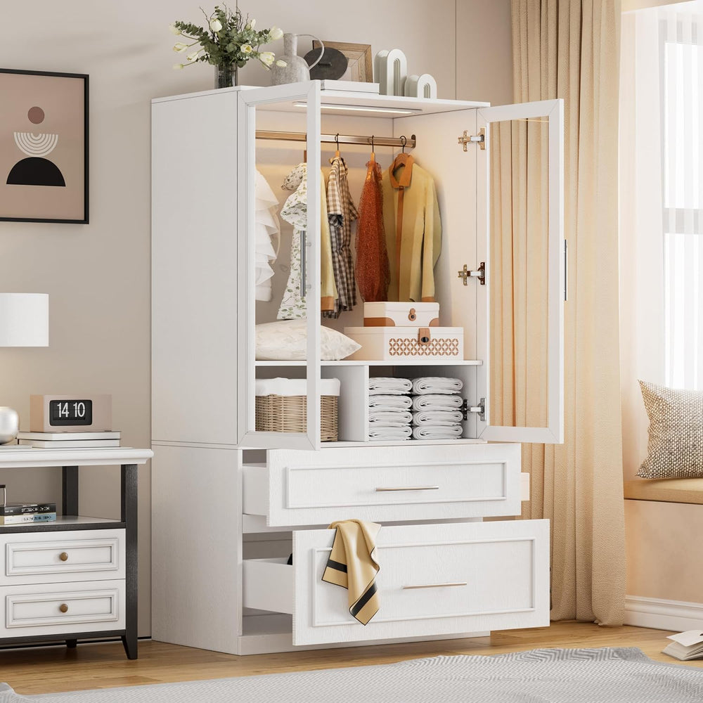 PAKASEPT Armoire Wardrobe Closet with Glass Door and Drawers, Bedroom Closet ...