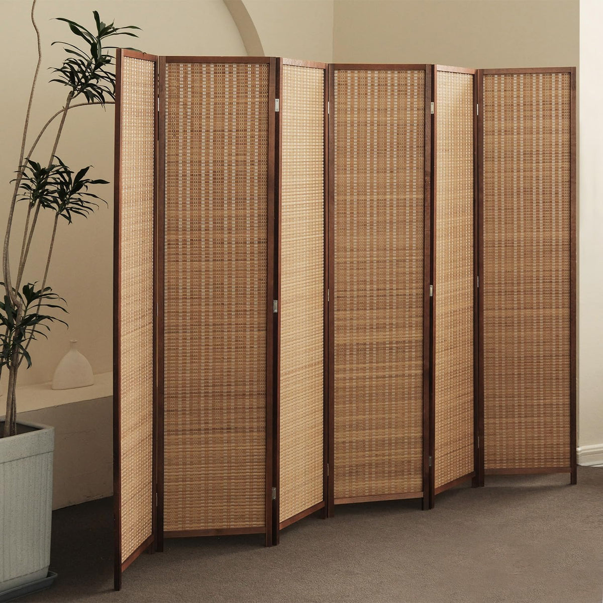 Furnnylane 6 Panel Bamboo Room Divider - 5.6 ft Tall Folding Privacy Screen for Room Separation, Natural Brown Freestanding Partition Wall for Home Office (67" H x 92.1" W)