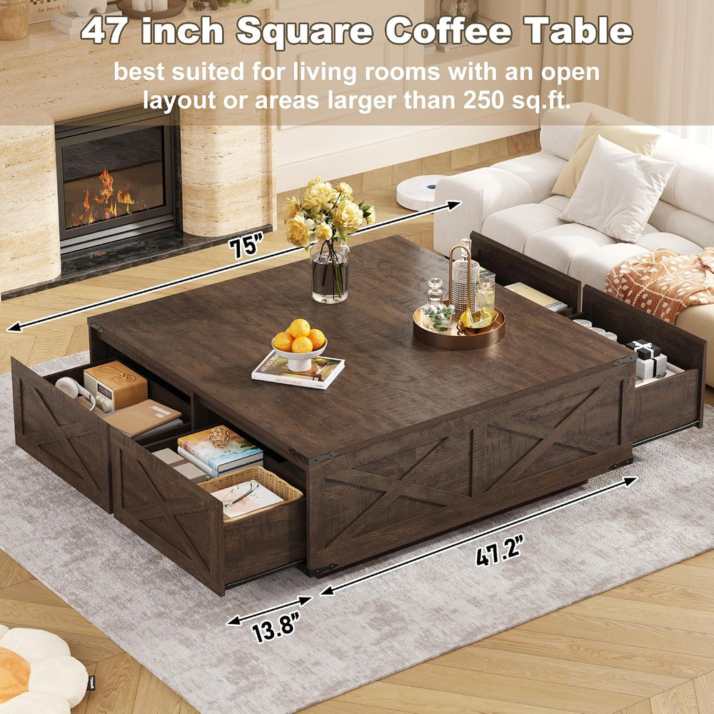 St.Mandyu 47” Farmhouse Square Coffee Table with 4 Drawers Extra Large Coffee...