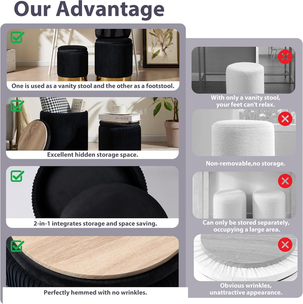Royal Windsor Round Ottoman with Storage Set of 2, Storage Vanity Stool