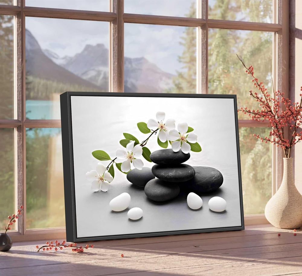 Framed Zen Stone Flower Canvas Wall Art Orchid Flower Black White Zen Stone P...