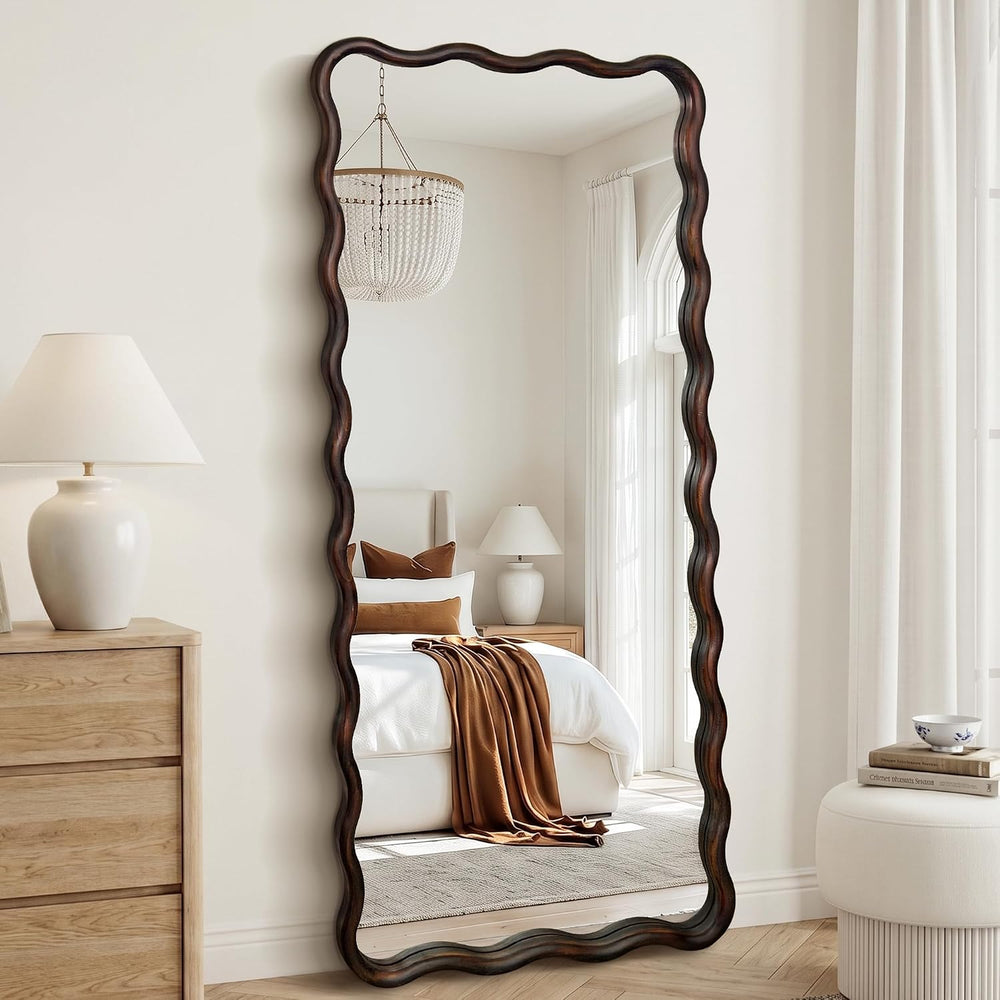 Full Length Mirror, 56”x24” Wavy Floor Mirror Wood Framed,Dark Brown