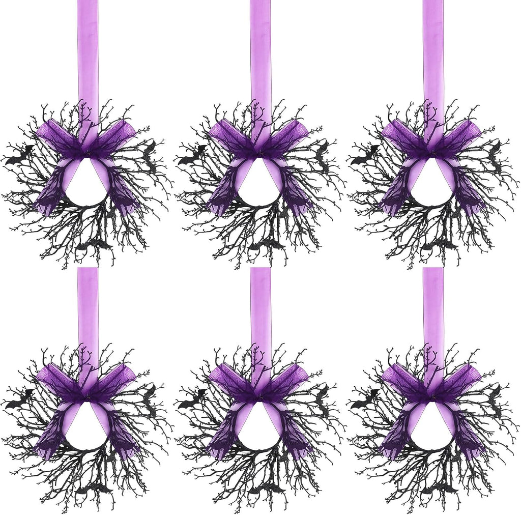 Suncalla 6 Pack Mini Halloween Cabinet Wreaths 9.8 Inch with Purple Ribbon