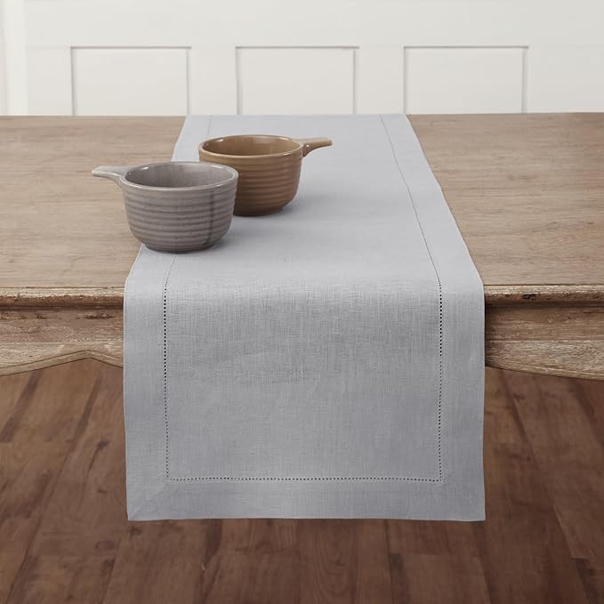 Solino Home Linen Soft Grey Table Runner 36 Inches - Classic Hemstitch, 100% Pure Linen Coffee Table Runner 14 x 36 Inch Ideal for Dresser Tables - Fall, Autumn, Halloween, Thanksgiving, Christmas