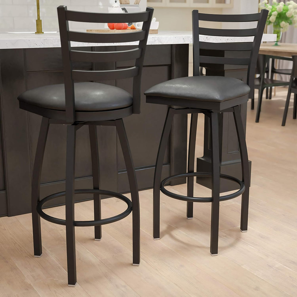 EMMA + OLIVER Black Ladder Back Swivel Metal Barstool, 2-Pack