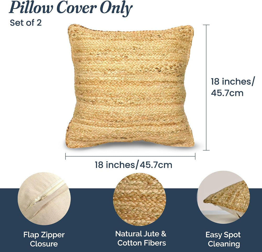 The Fine Living Co. Jute Pillow Covers 18x18, Set of 2 Jute Cushion Covers