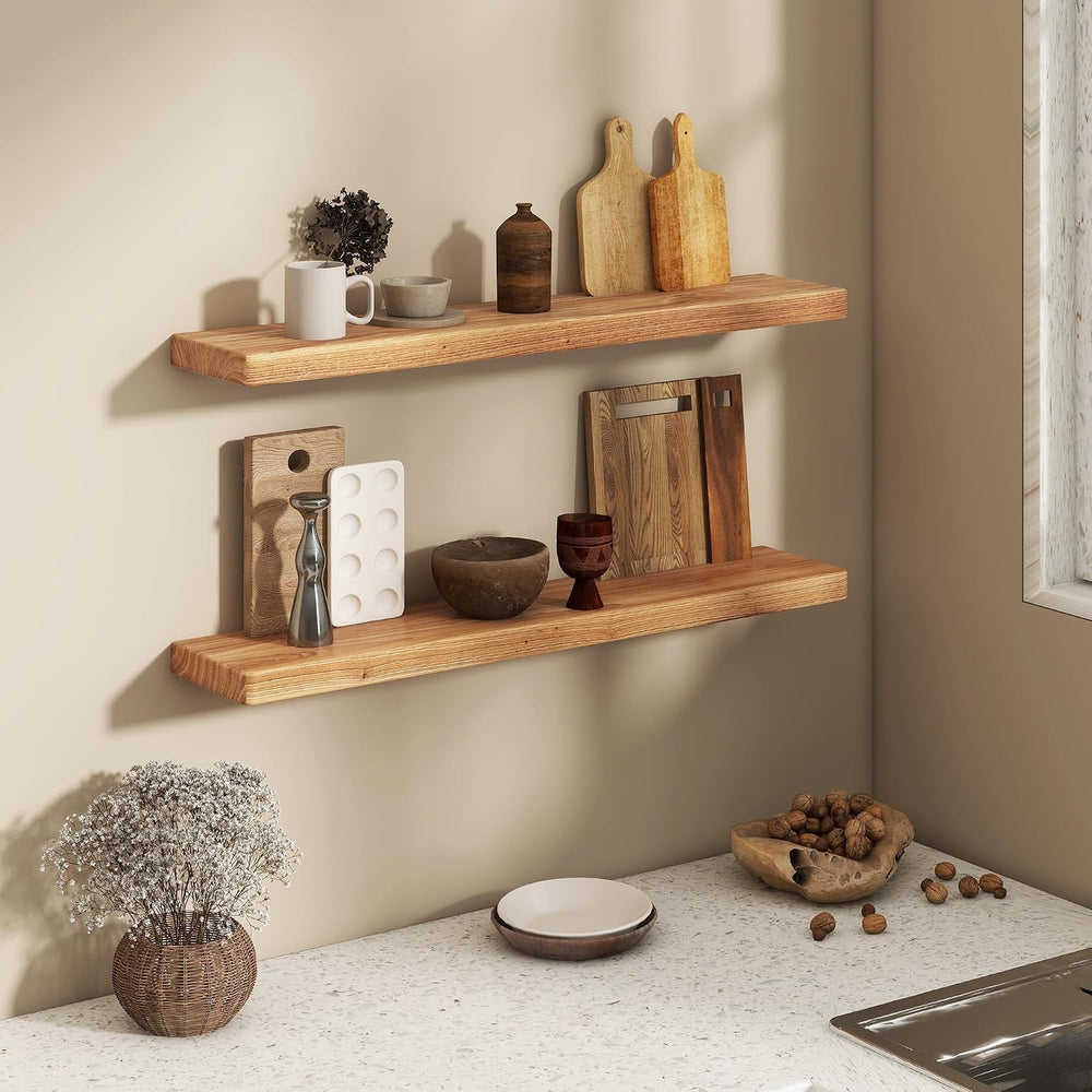 Fun Memories 36 Inch Floating Shelves for Wall, Solid Elm Wood Wall Shelf for...
