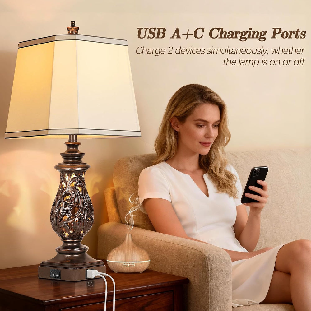 PARTPHONER 29" Table Lamps Set of 2, Bedside Lamps with USB A+C Ports &a...