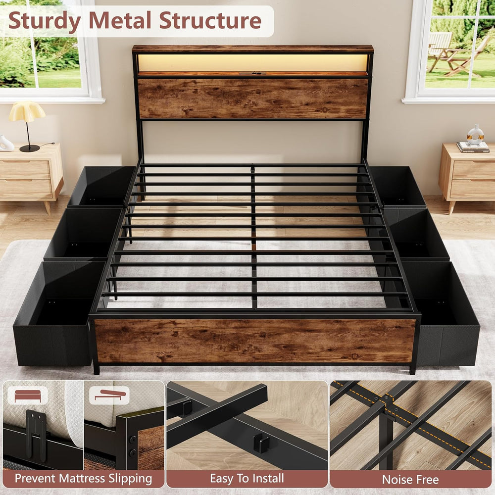 Forestell Queen Bed Frame with 2-Tier Storage Headboard & 6 Drawers