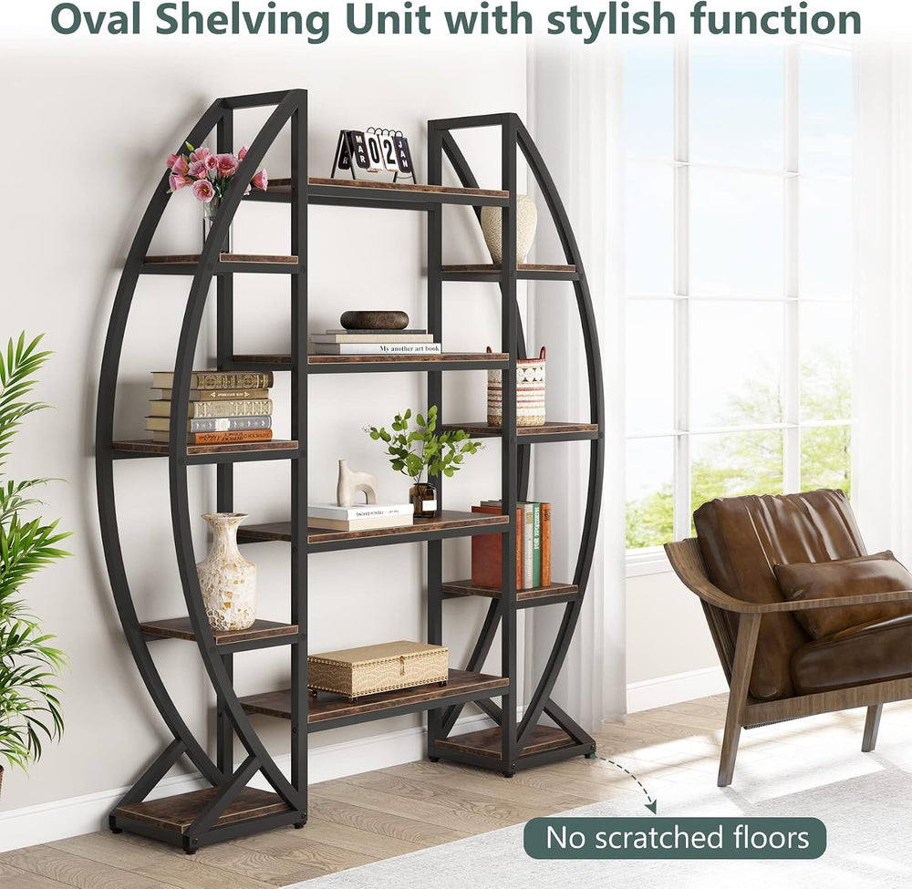 Tribesigns Oval Bookshelf, Triple Wide 5 Tier Etagere Bookcase, Industrial Di...