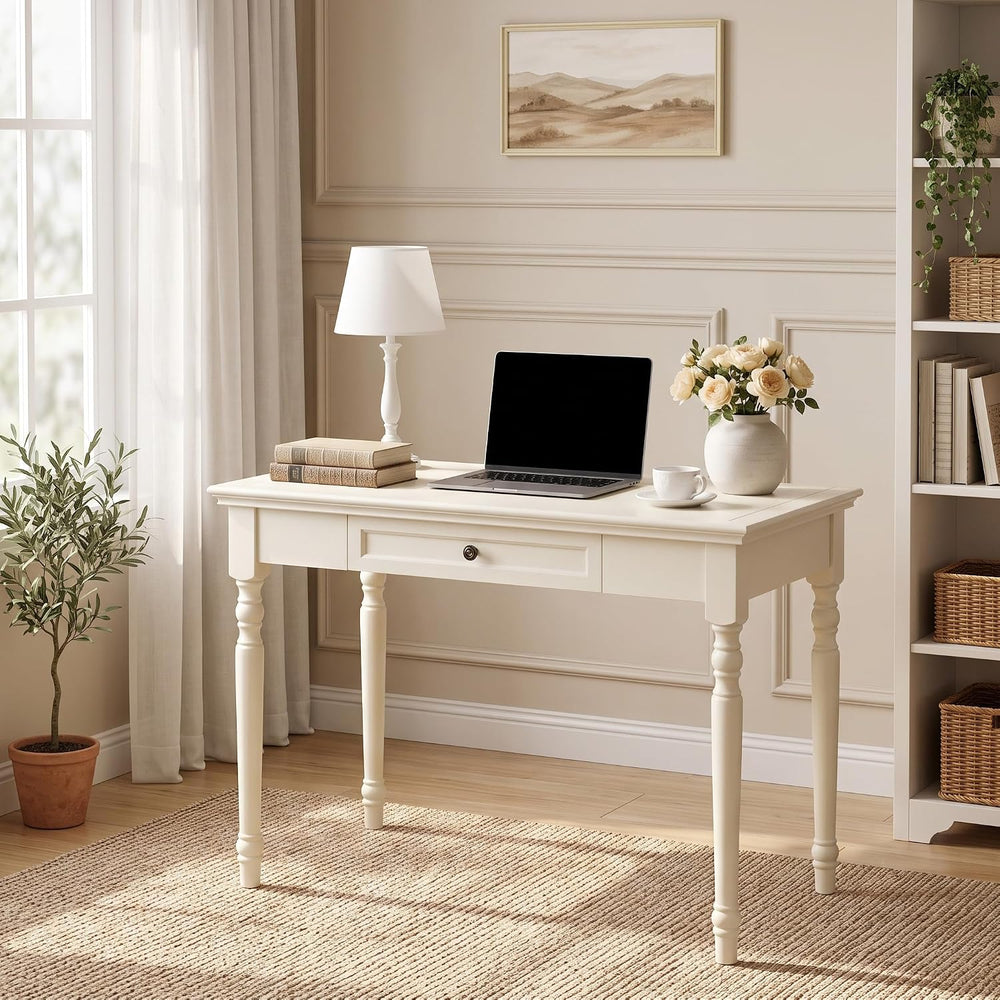 French Country Style Writing Desk with Drawers, White, 35"