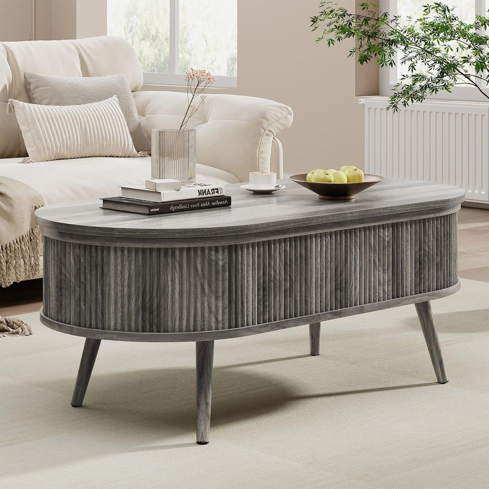 Oval Coffee Table with Storage, Fluted Modern Coffee Table with Lift Top, Sma...