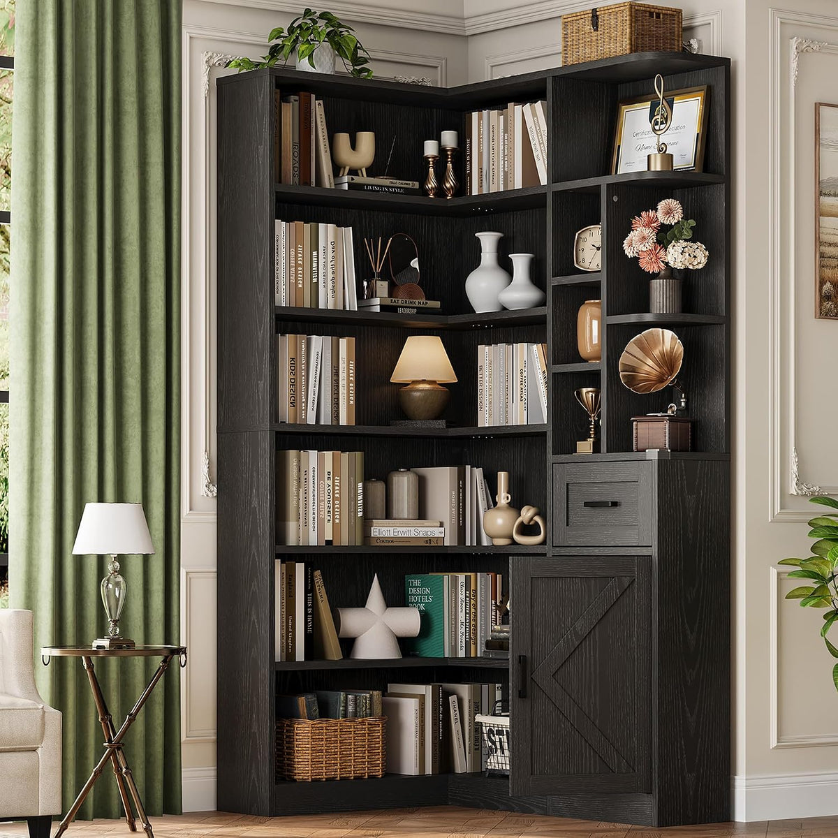 Garvee 74'' Tall Corner Bookshelf - 6-Tier Book Shelf with Drawer and Cabinets, l-Shaped Bookcase Open Storage Shelves Modern Display Shelf for Home, Office