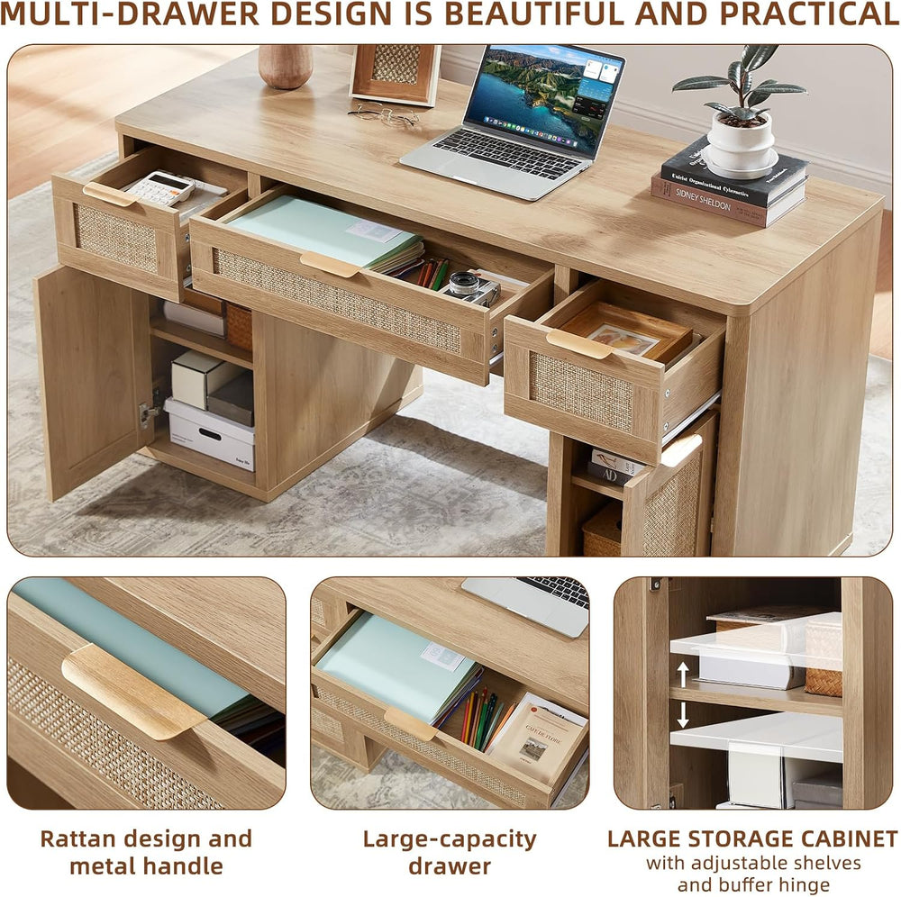 LEYAOYAO Office Desk 56" with 5 Drawers Storage File Cabinet, Natural