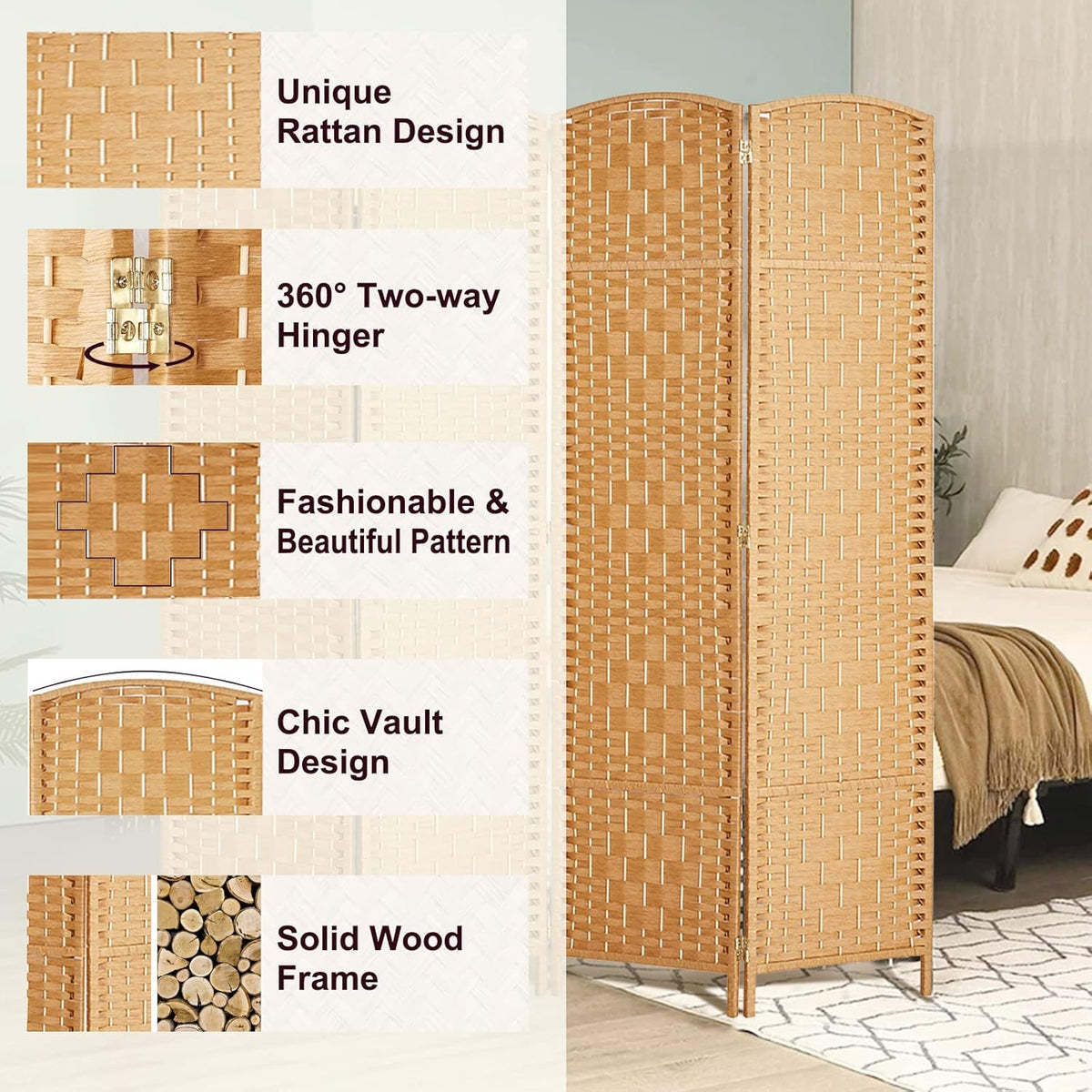 RHF Room Divider Panel,3 Panel Partition Room Dividers Screen, Light Beige