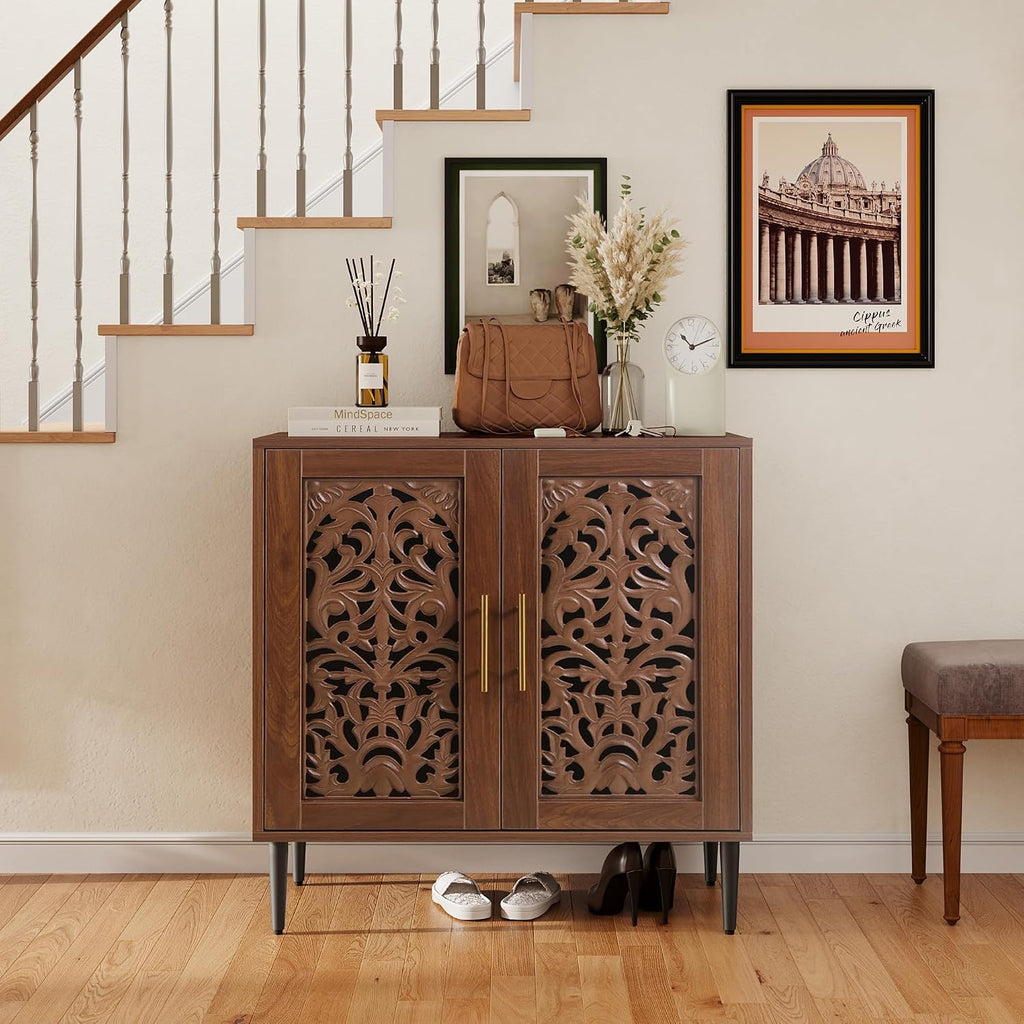 ARTPOWER Vintage Hollow Carving Accent Cabinet with 2 Doors for Living Room