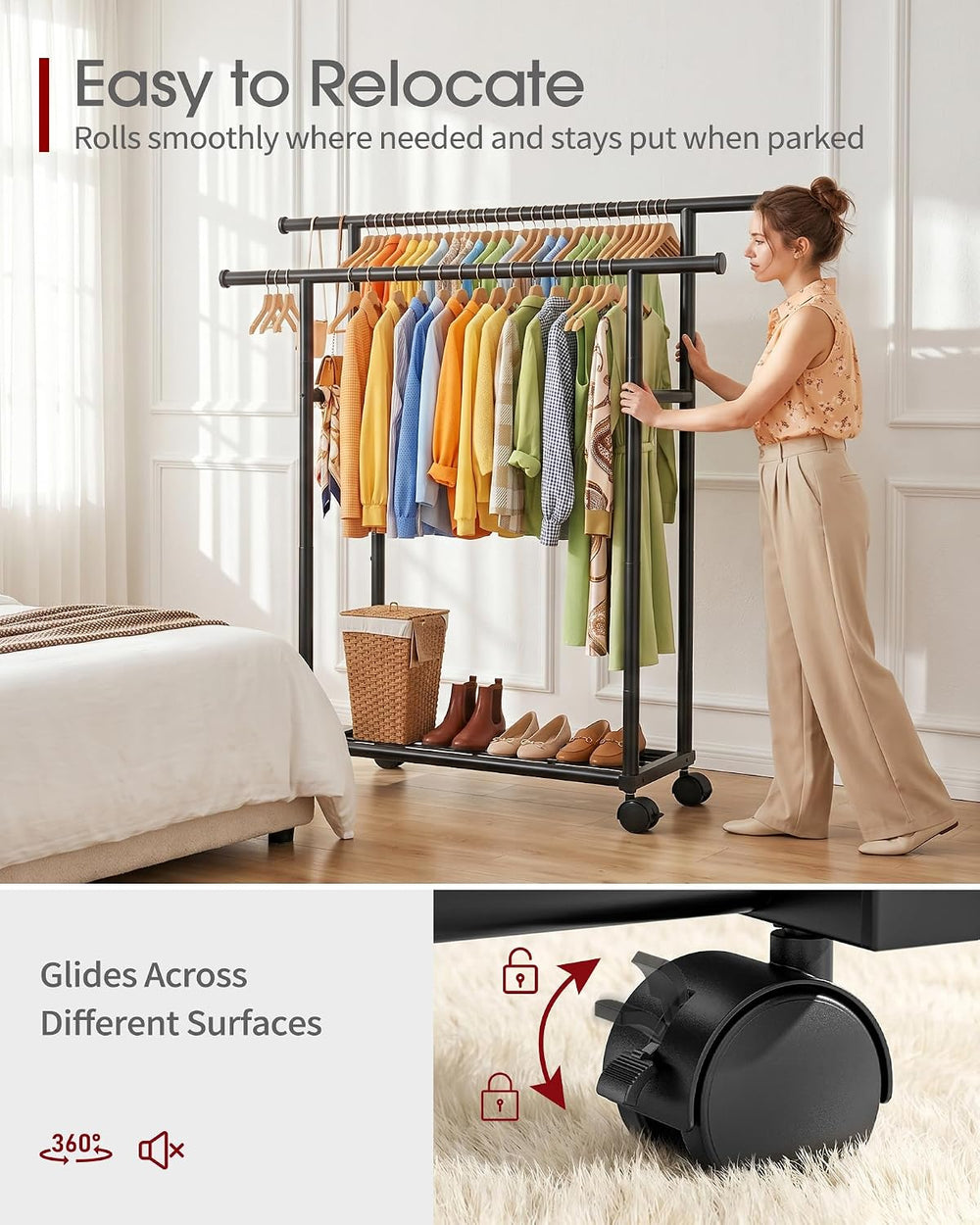 Sakugi Rolling Double Rod Clothes Rack with Shelf, 39" x 17" x 60&q...