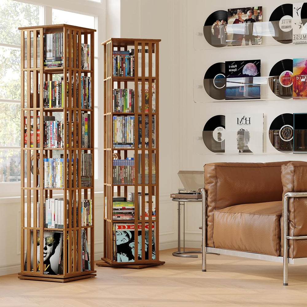 XIMN 360° Rotating Bamboo CD/DVD Shelf - 6-Tier Space-Saving Media Storage Ca...