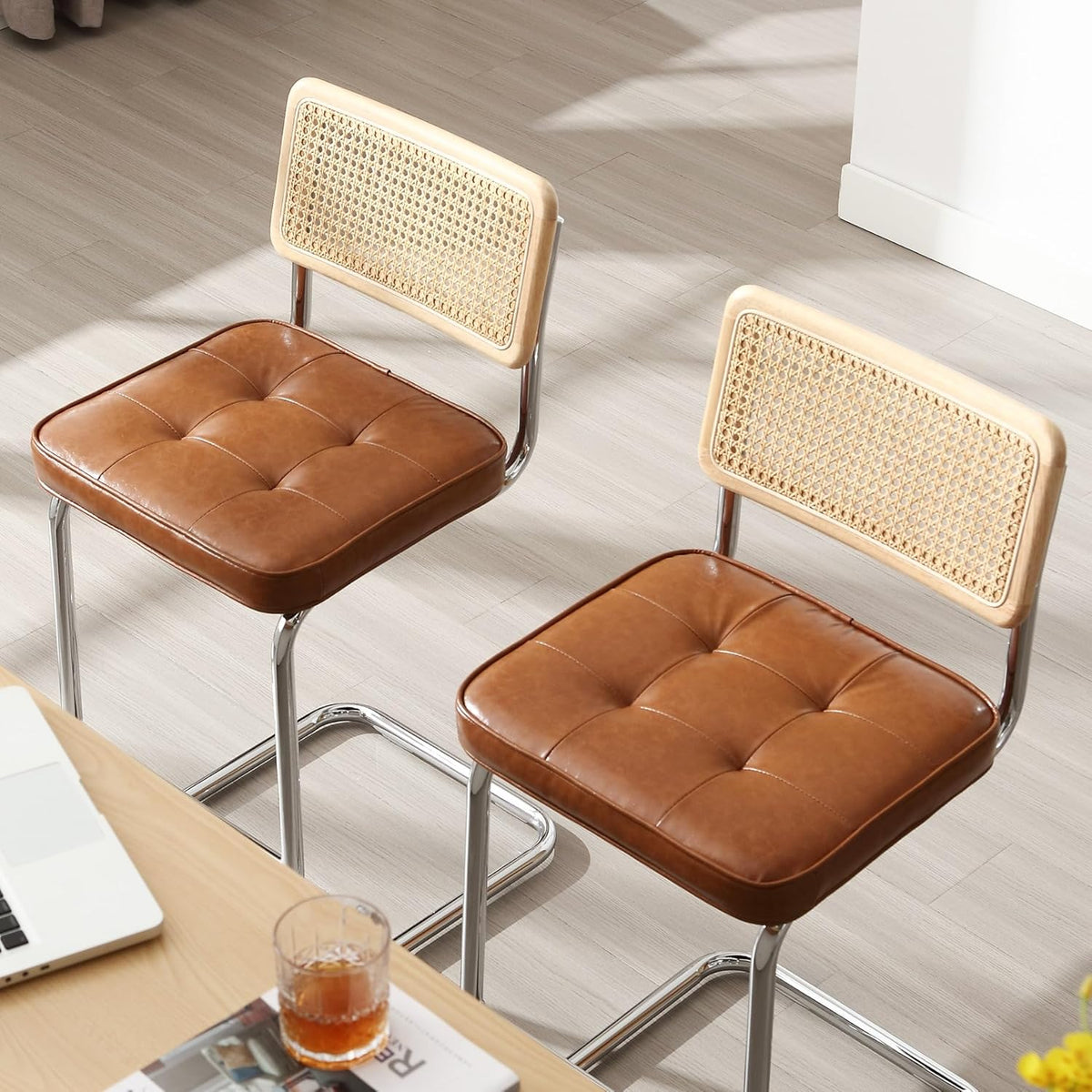 Zesthouse Natural Rattan Counter Stools Set of 3, 26" Modern Boho Barstools