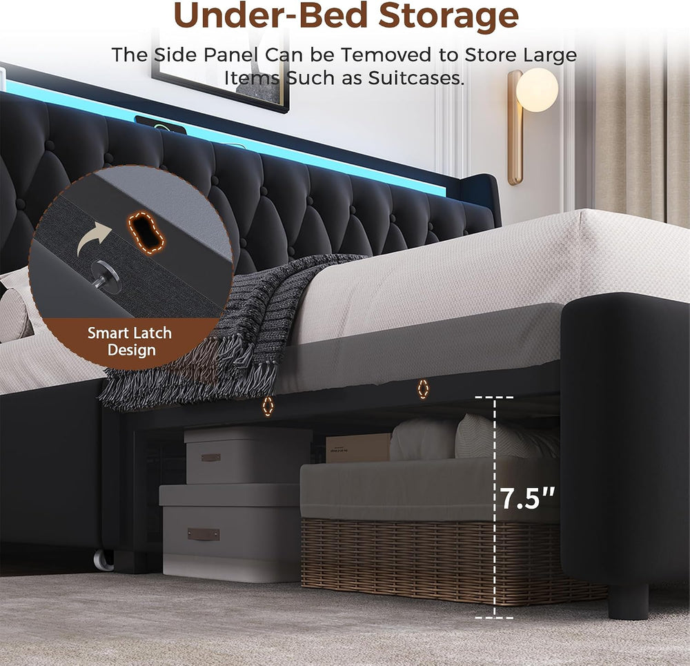 Jocoevol King Size Bed Frame with 2 Storage Drawers & Hidden Headboard