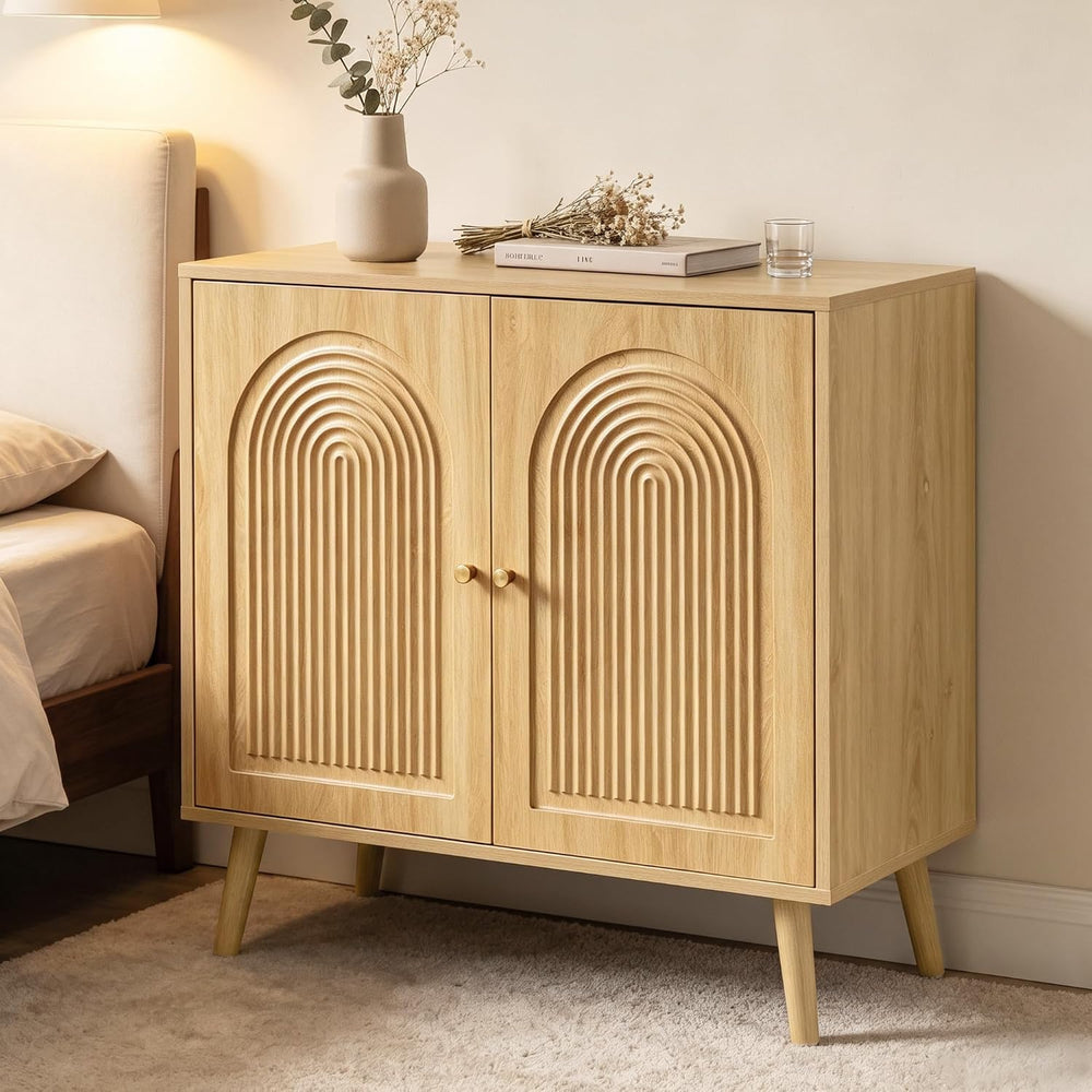 31.5" Accent Cabinet Set of 2, Arched Fluted Storage Cabinet (Natural)