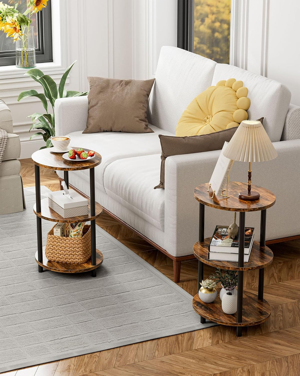 Small Round Side Table - 3-Tier Oval Accent Table for Small Spaces, Rustic Wo...