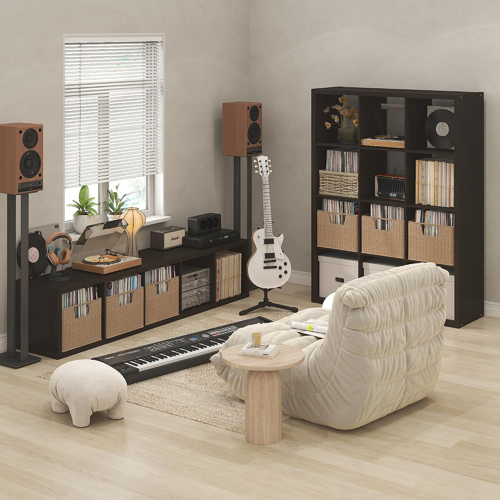 Furinno Cubicle Record Player Stand, 12-Cube Record Storage, Dark Oak