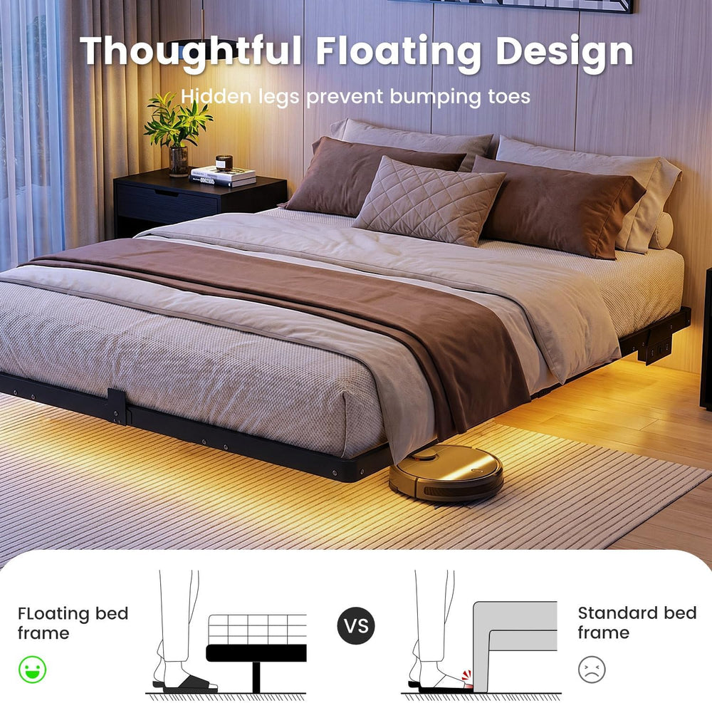Liians Queen Floating Bed Frame with Smart LED Lights, USB Charging Station