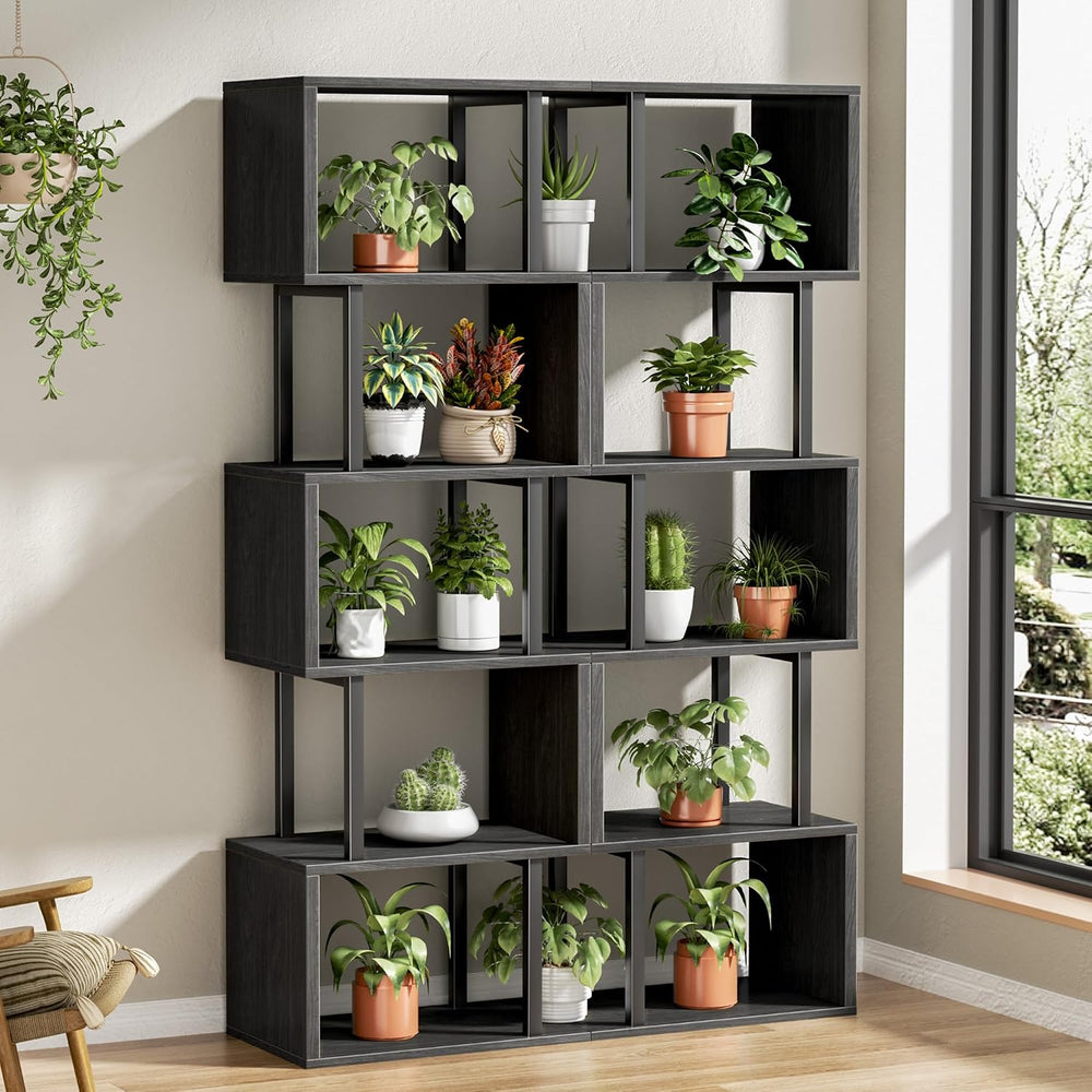 Furologee 6 Tier Bookshelf, S Shaped Geometric Bookcase, Black Oak