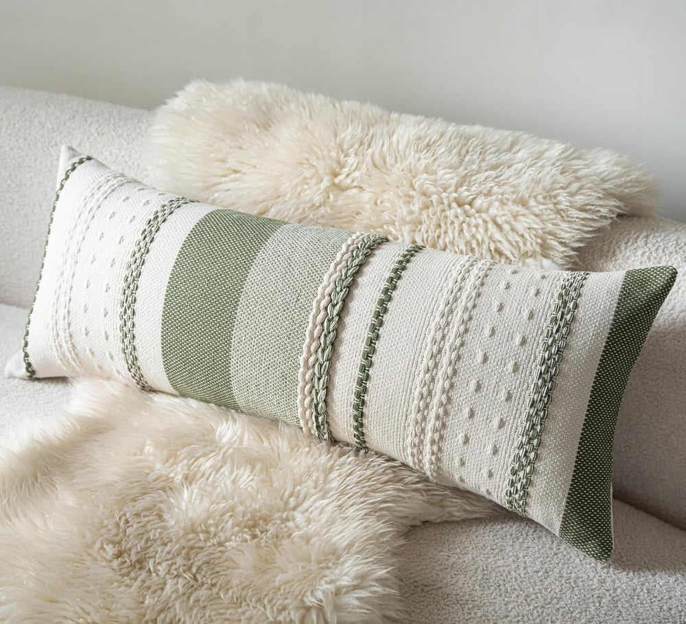 Cethom Boho Lumbar Pillow Covers 14x36 Inch Long, Green Textured Decorative C...