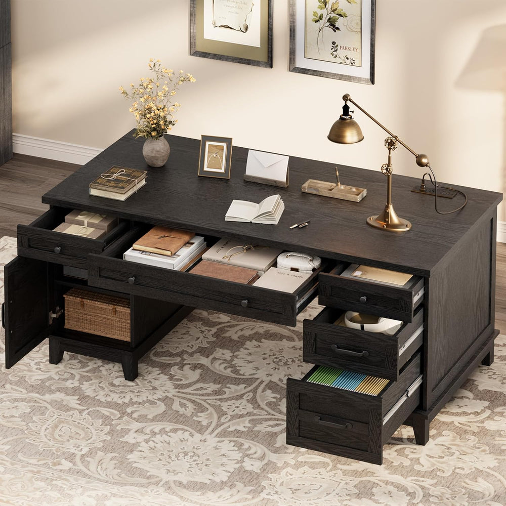 Garvee 60" Wooden Home Office Desk with File Drawers, Executive Desk wit...