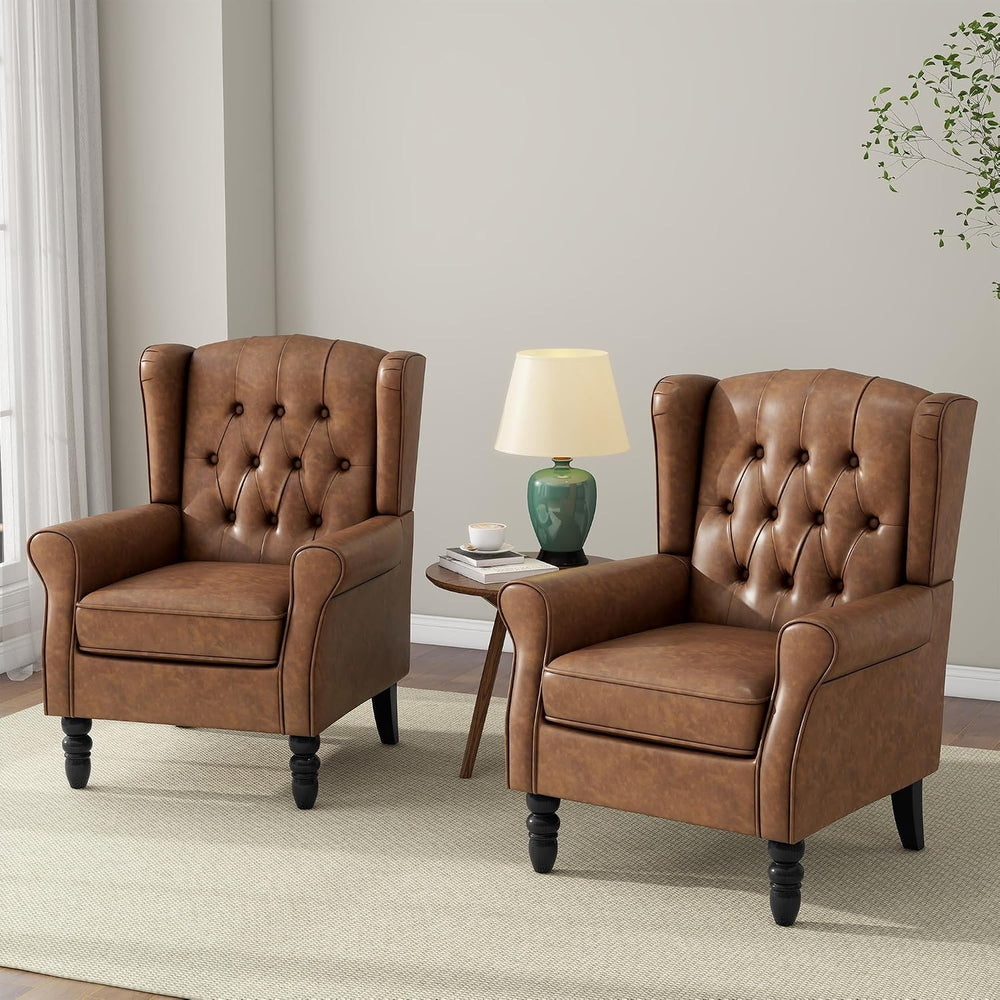 Faux Leather Wingback Accent Chair, Tufted High Back Armchair, Brown