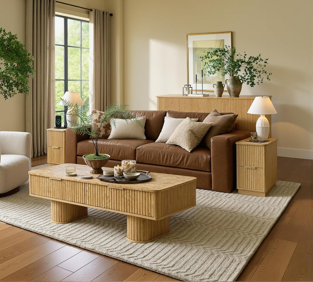 win2win Rectangle Coffee Table with Storage, Faux Marble Top, Boho,Oak