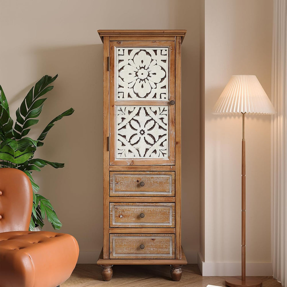 LKTART Solid Wood Tall Accent StorageCabinet,Narrow Carved Sideboard Buffet
