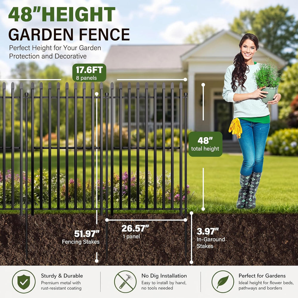 No Dig Decorative Garden Fence, 48in(H)×17.6ft(L), 8 Panels