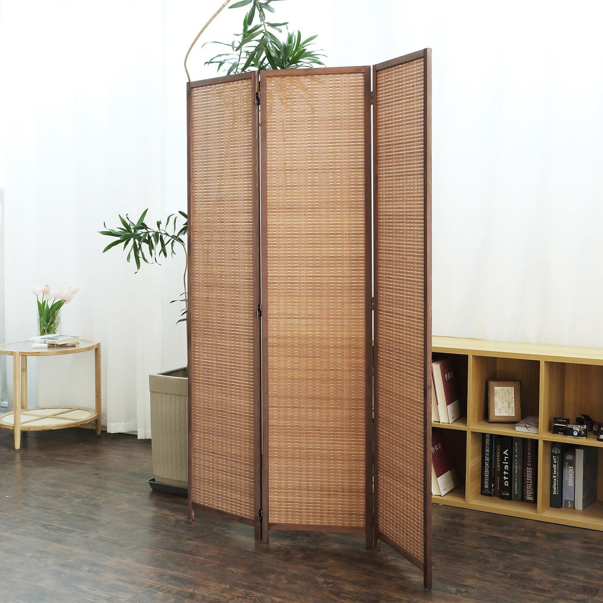 Furnnylane 3 Panel Bamboo Room Divider - 5.6 ft Tall Folding Privacy Screen for Room Separation, Natural Brown Freestanding Partition Wall for Home Office (67" H x 46" W)